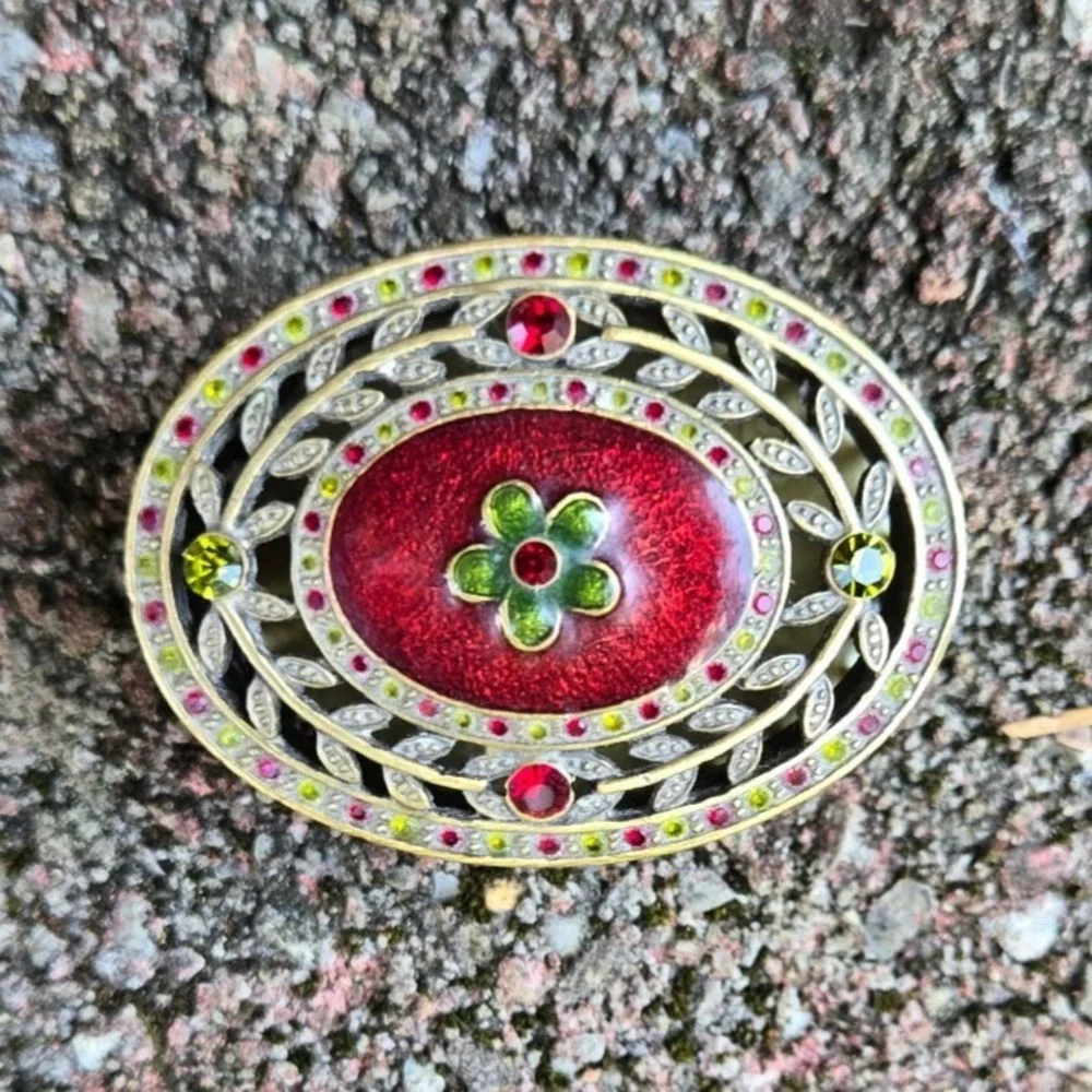 Vintage Oval Trinket Jewelry Box Red Enamel Gold Tone Rhinestone Accents Display